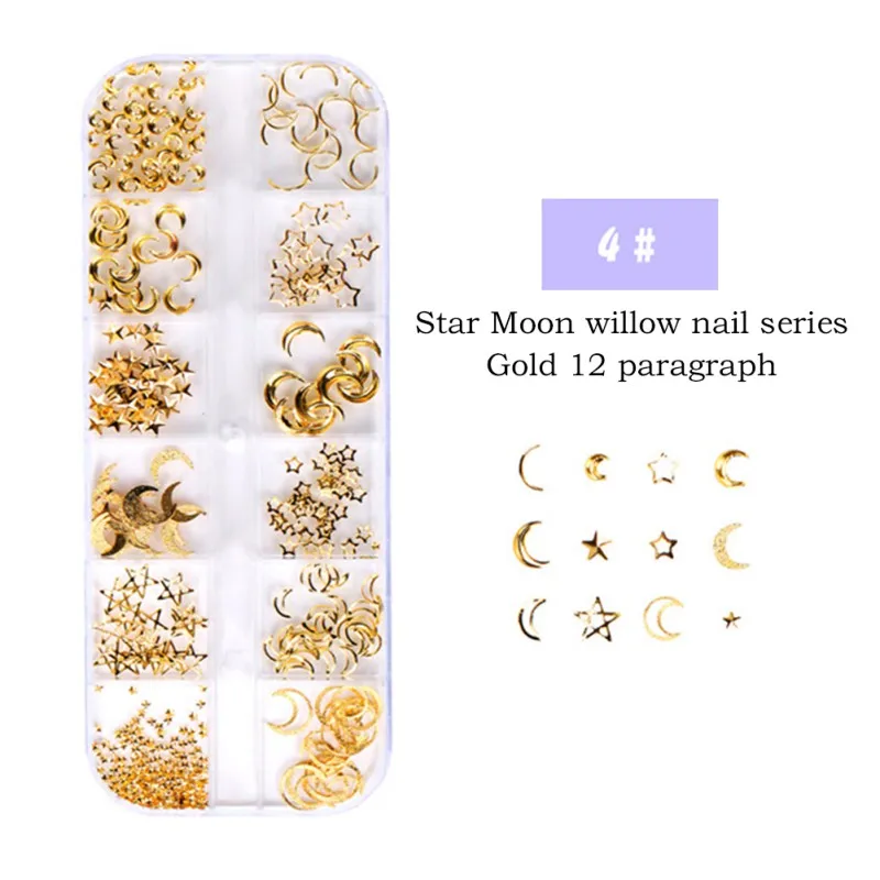 4 коробки для дизайна ногтей стразы розовое золото заклепки шпильки 3D пайетки