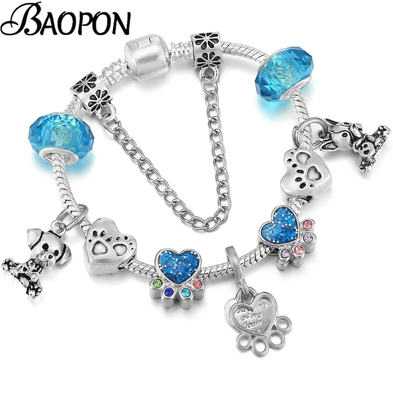 Серебряный мультяшный браслет с подвесками синими бусинами в виде собачьей лапы