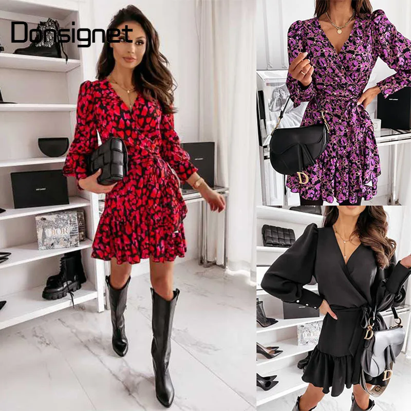 

Donsignet Long Lantern Sleeve Print Wrap Dress Women Elegant Ruffles V Neck Red Party Dresses Autumn Female A Line dress