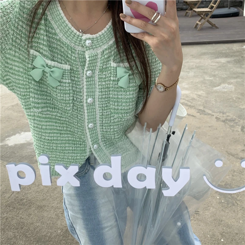 

Vintage Blue Ice Silk Bow Knitted Cardigan Women's 2021 Short Sleeve Thin Hollow Out Summer Korean Loose Sweet Elegant Crop Top