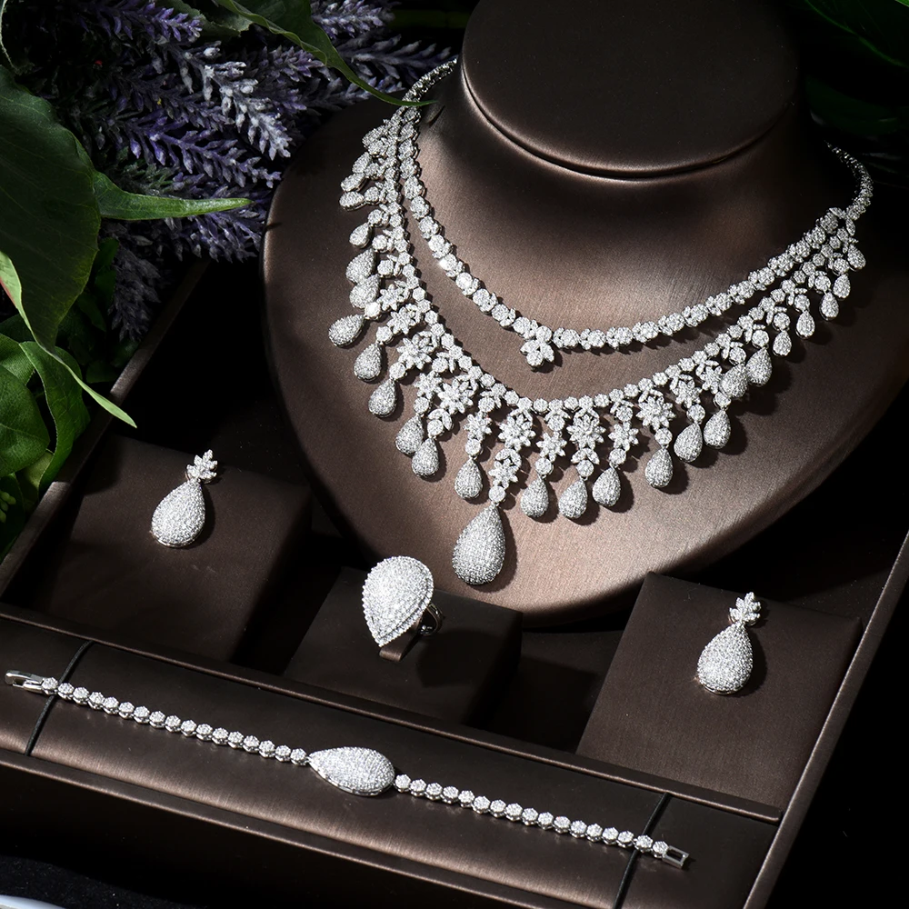 

HIBRIDE Two Layers Water Drop 4pcs Necklace and Earring Set Cubic Zirconia Women Bridal Wedding Jewelry Set bioux femme N-895