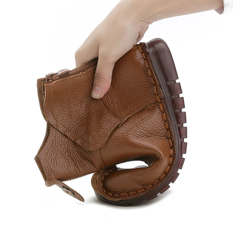 

Women Genuine Leather Ankle Boots Flats Ladies Zip Plush Warm Winter Shoes Female Fashion Sewing Retro Short Boot