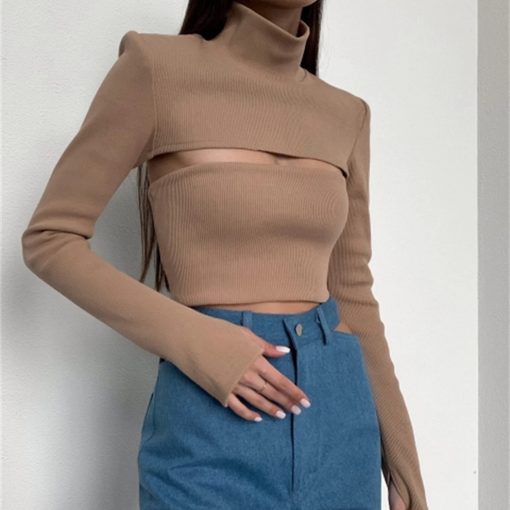 

Turtleneck Knitted Sweaters Women Fashion Solid Sexy Sheath Hollow Out Sweatshirts Autumn Long Sleeve Pullovers Female Crop Tops