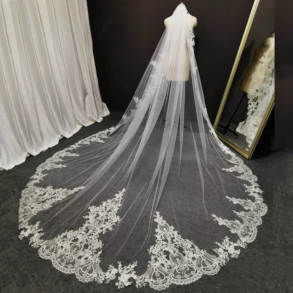 

New 3.5 Meters Lace Wedding Veil with Comb 350cm White Ivory Long One Layer Bridal Veil Wedding Accessories