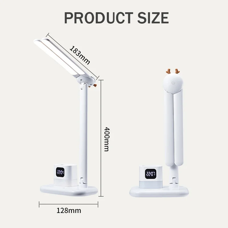 

5200mAh Dual LED Desk Lamp Stepless Dimming USB Rechargeable Smart Clock With Pen Holder Night Light Bedroom Bedside Table Lamps