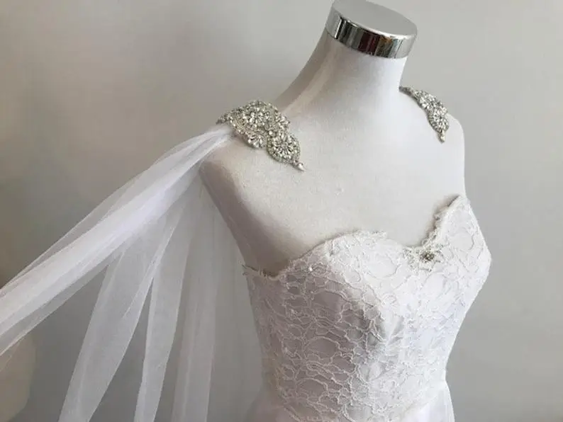 

Cape Veil Rhinestone Appliques on Shoulders__ 108"W X 120" (3 Meter) Long, Bridal Shoulder Veil In White, Ivory ,Off-white