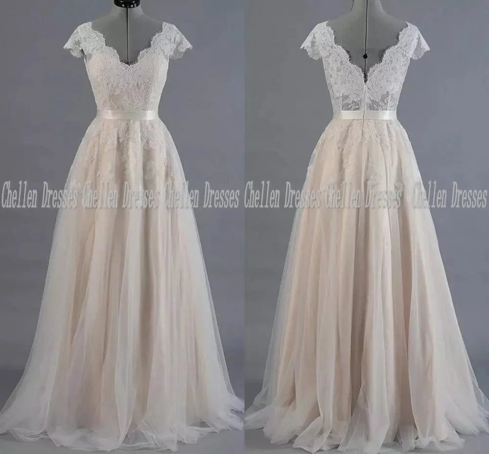 

2021 New Hot Elegant Simple Champagne V Neck Cap Sleeve Lace Appliques Backless Tulle A-Line Boho Wedding Dress Vestido De Novia