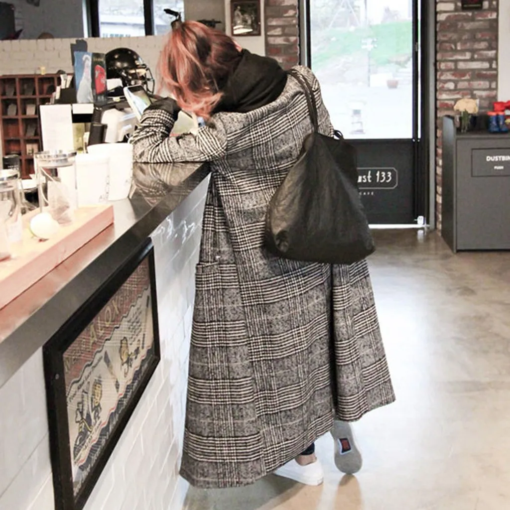 Женское длинное клетчатое пальто SAGACE свободное шерстяное в корейском офисном