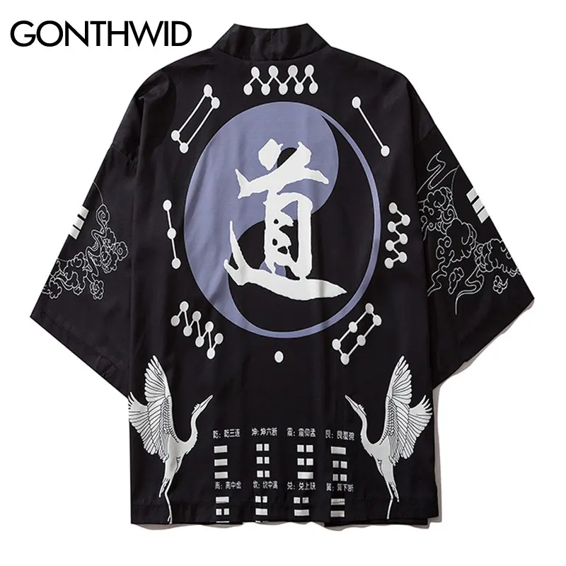 Китайское кимоно GONTHWID с принтом тайцзи и журавлей японское кардиганы жакеты