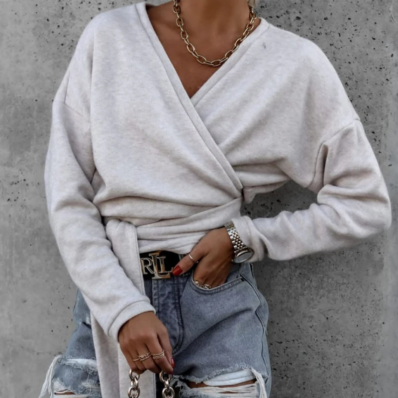 

Autumn Elegant Office Lady Blouse Sexy V Neck Tie-Up Bow Wrap Solid Tops Blusa Women Fashion Casual Long Sleeve Shirt Streetwear