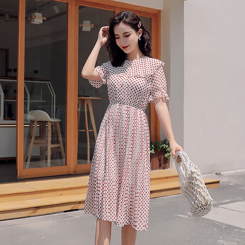 Платье женское шифоновое в горошек модное винтажное повседневное