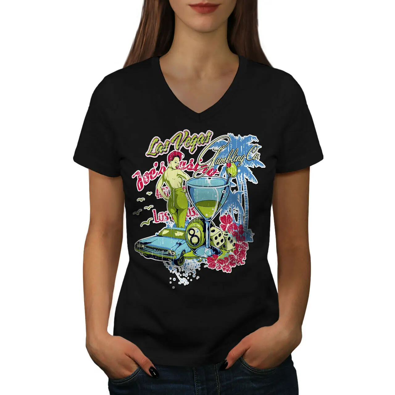 Женская футболка с v образным вырезом в виде игры Лас Вегасе графическим