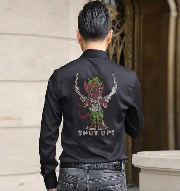 

Cartoon design shirts Hot drill man with guns handsome Rhinestones men shirt