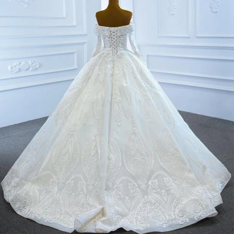 J67206 Ball-Gown Beaded Crystal Luxury Wedding Dress 2020 Long Sleeve Sweetheart Lace Up Back Off The Shoulder