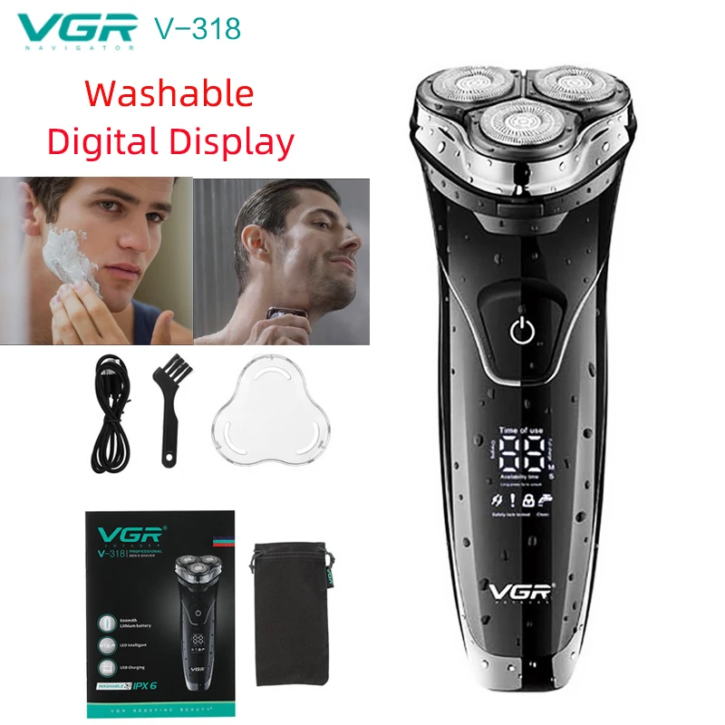 

VGR V-318 Electric Shaver Razor Three-Head Floating Razor Household Full-Body Washable Digital Display USB Rechargeable Shaver