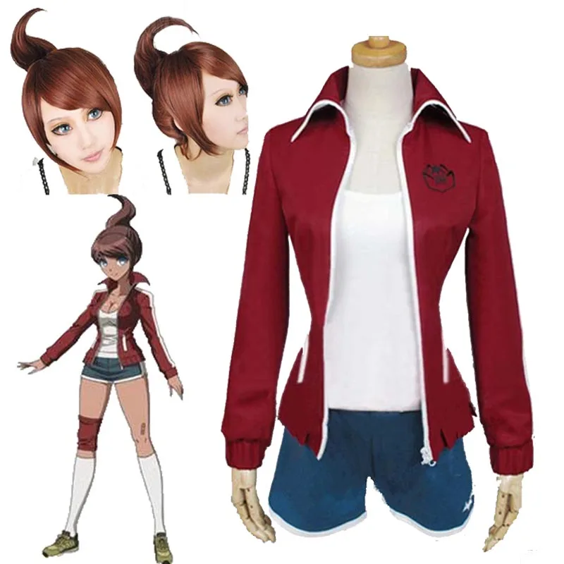 

Danganronpa Cosplay Aoi Asahina Uniform Dangan Ronpa Wine Red Shorts For Women Girls Anime Halloween Party Cosplay Costumes wig