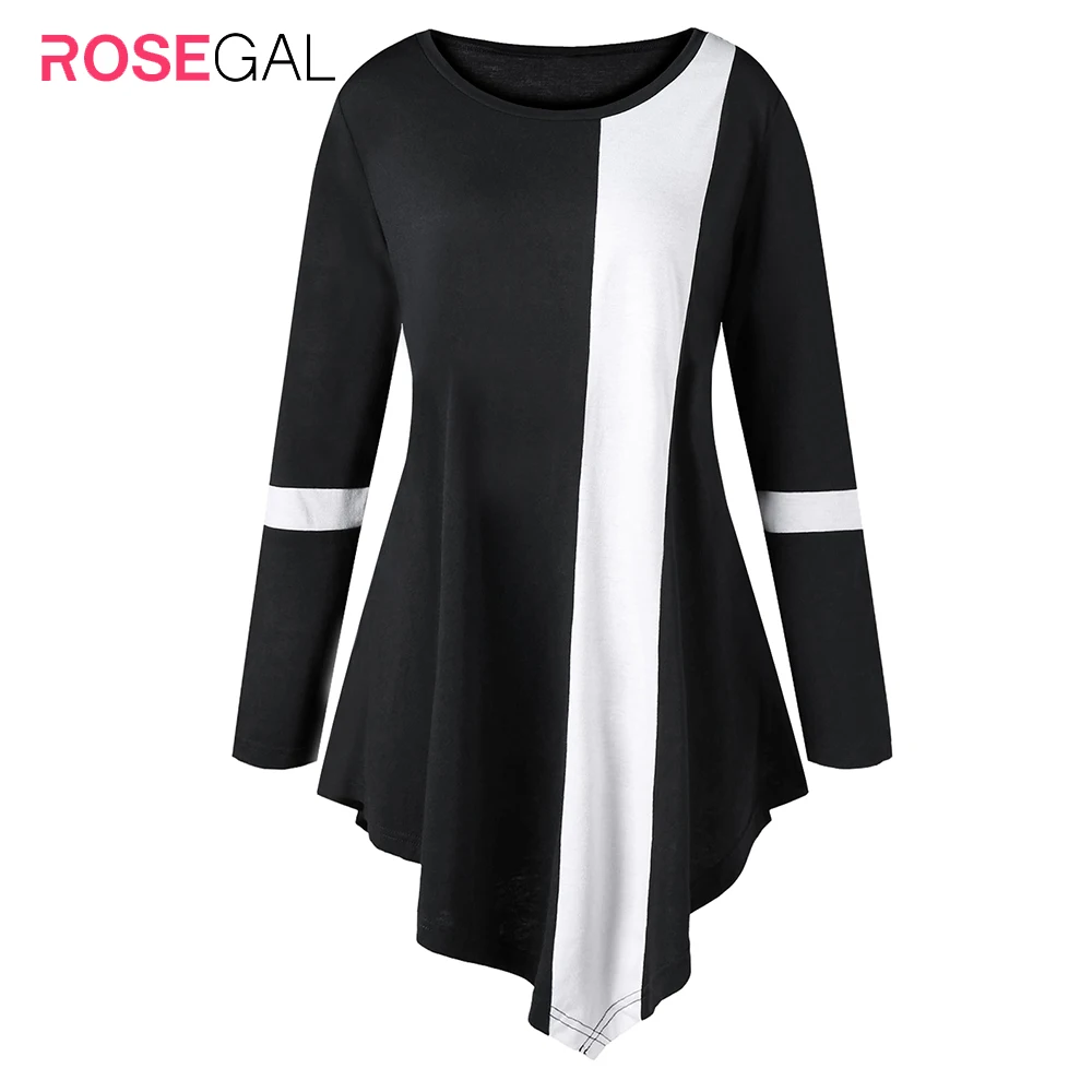 ROSEGAL/Большие размеры двухцветная Асимметричная футболка с длинными рукавами и