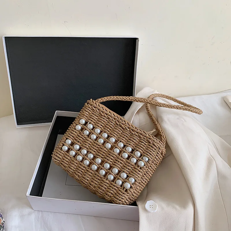

Straw Shoulder Bags for Women 2021 Handmade Woven Pearl Bag Summer Vacation Travel Beach Bag Bohemian Bali Handbag Bolsos Mimbre
