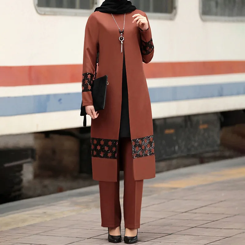 

Ramadan Eid Muslim Dress Women 2 pecs Set Blouse Wide Leg Pants Dubai Abaya Lace up Solid Kaftan Islamic Clothing Turkey African