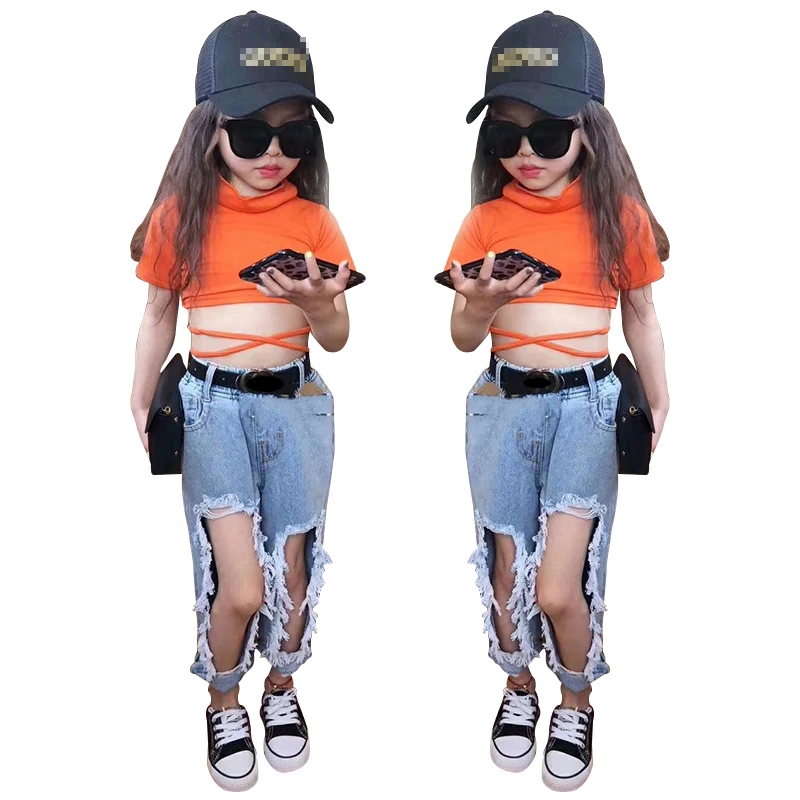 Летние модные джинсы для девочек детские джинсовые брюки модная уличная одежда