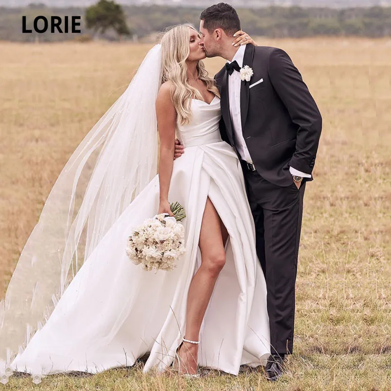 

LORIE Satin Wedding Dresses Strapless A-Line Bridal Gowns Princess Custom Made High Split Wedding Gown vestido de noiva 2021