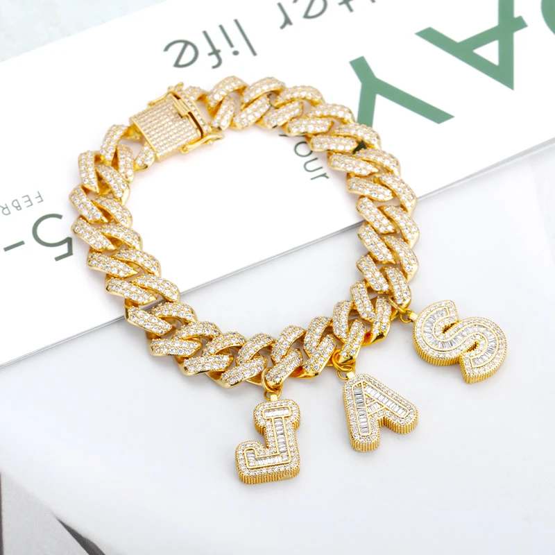 

Custom Initial Name Bracelets Anklets For Women Personalized Letter Pendant 21cm Bling Iced Out Cuban Chain Hip Hop Jewelry