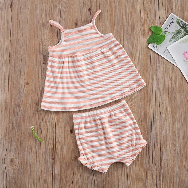 

2021 Toddler Baby Girl Clothes Summer New Striped Printed Sleeveless Top Vest+High Waist Shorts 2Pcs Boy Girl Outfits Set 0-24M