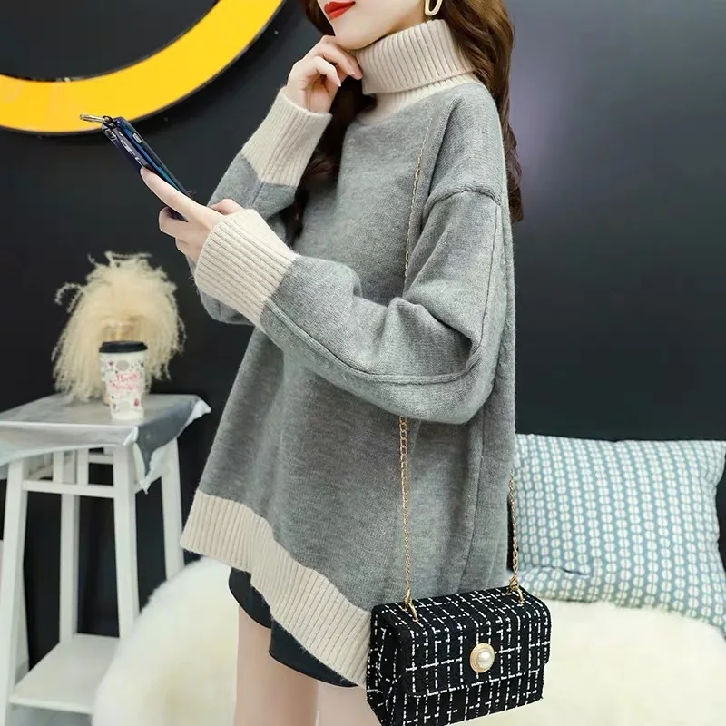 Свитер-водолазка женский с длинным рукавом свободный трикотажный