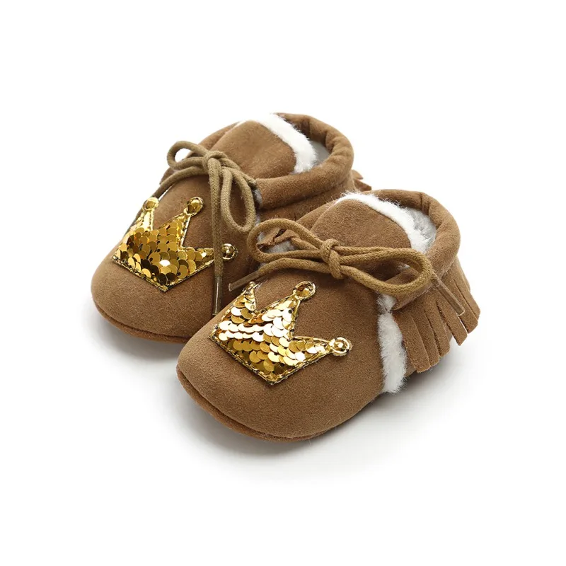 

Toddlers Suede PU Leather Shoes Xmas Baby Shoes Moccasins Sequins Crown Infant Prewalker Soft Soled Baby Shoes