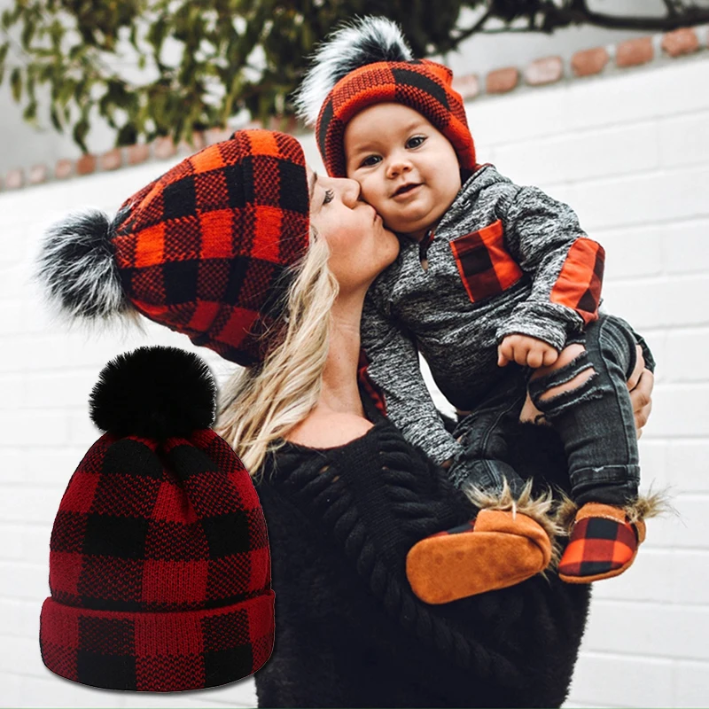 

2022 New Thick Female Cap Fur Ball Cap Winter Hat For Mother Baby Daughter Son Hat Kids Knitted Beanies Cap