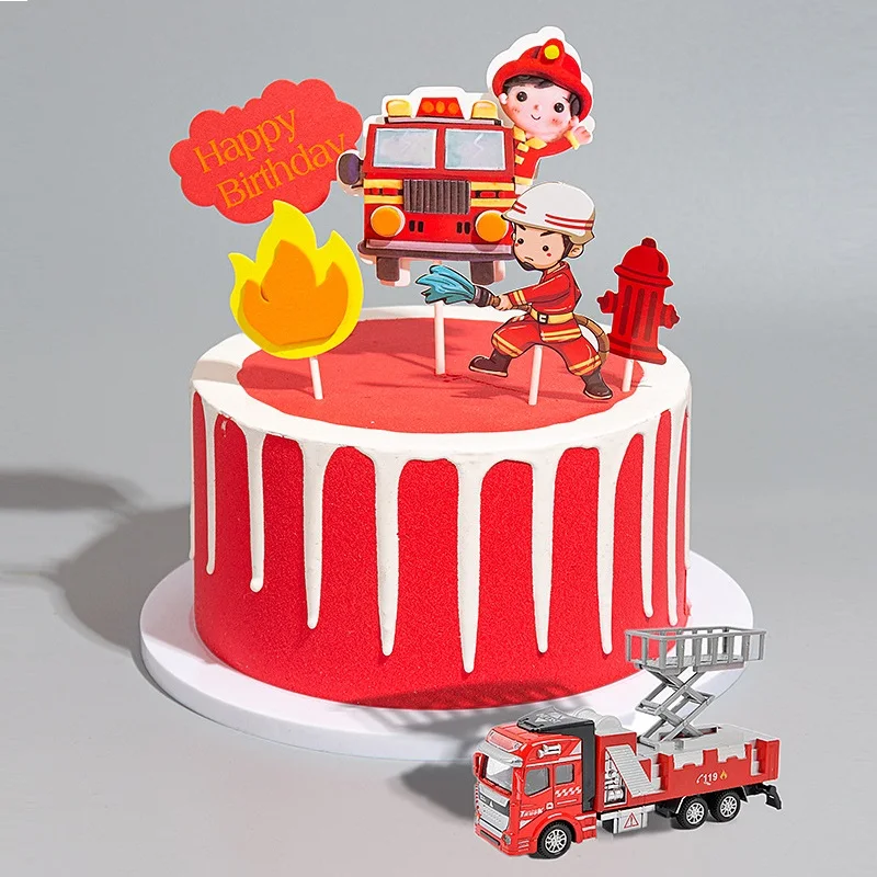 Cami&oacute;n de bomberos, decoraci&oacute;n de pastel de fiesta de cumplea&ntilde;os, bomberos, bombero, centro de mesa para pastel de cumplea&ntilde;os, Kit de llama, decoraci&oacute;n tem&aacute;tica para ni&ntilde;os-0