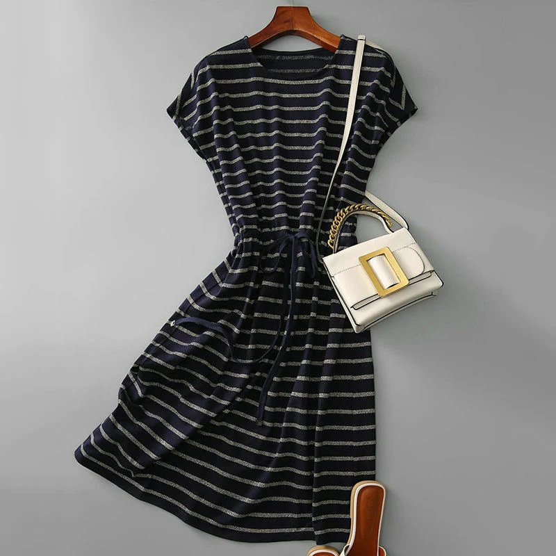 

Sister Fara Elegant Lace Up Striped Women's Dress 2021 Summer O-Neck Long A-LINE Dress Ladies Casual Solid Knee-Length Dresses