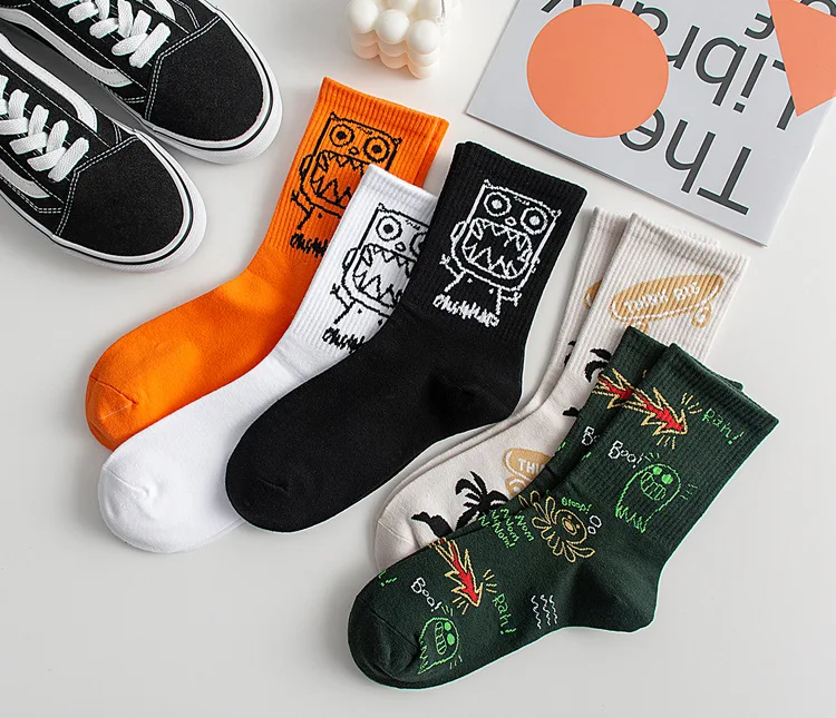 

5Pairs Ghost Socks Hombre For men Funny Bandhnu Spring Middle Tube Coconut tree Casual Short High Street Print man