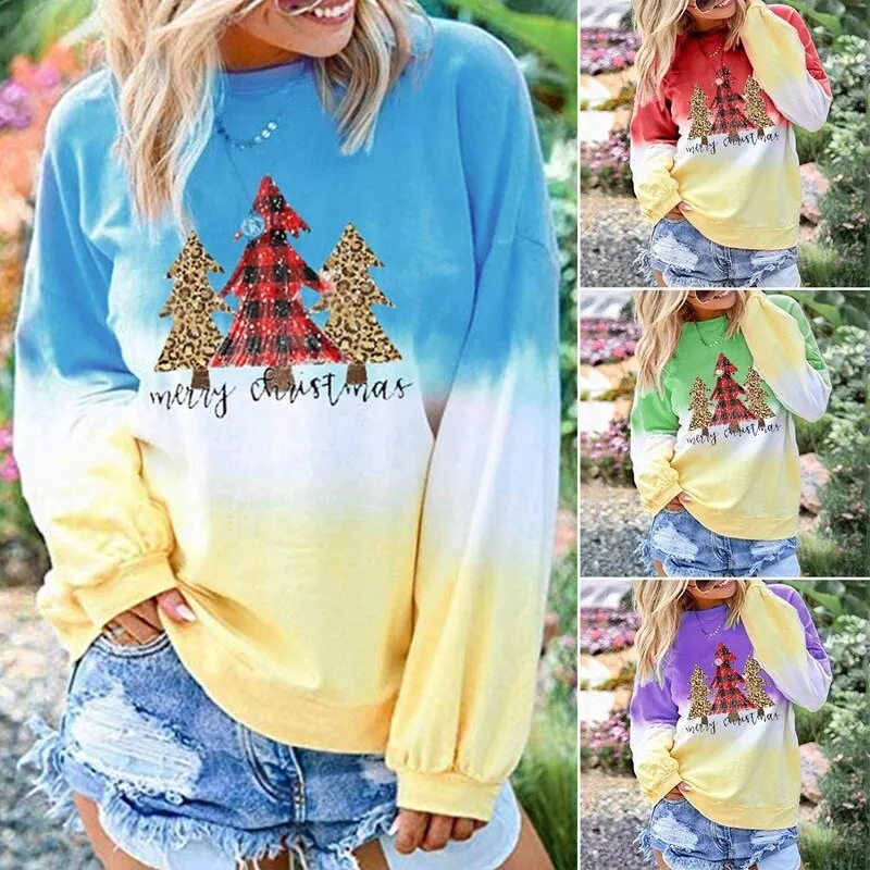

European and American women's Christmas tree pattern rainbow gradient color printing loose casual long-sleeved pullover sweater