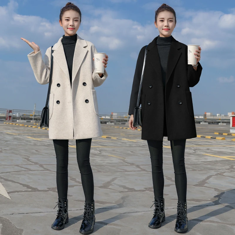 

Casual Woman Loose Pocket Woolen Coats Double Breasted Fashion Ladies Autumn Long Sleeve Thick Blouse Female Long Outwear