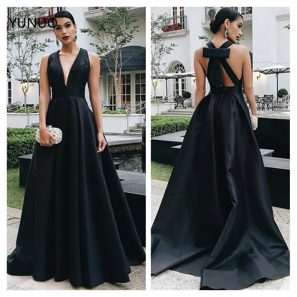 

YUNUO черные вечерние платья, женское платье для выпускного вечера с глубоким V-образным вырезом, длинные трапециевидные вечерние платья со шлейфом и бантом, Новинка