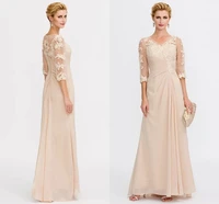 champagne mother of the bride dress elegant illusion v neck chiffon sheer lace half sleeve appliques party gown plus size