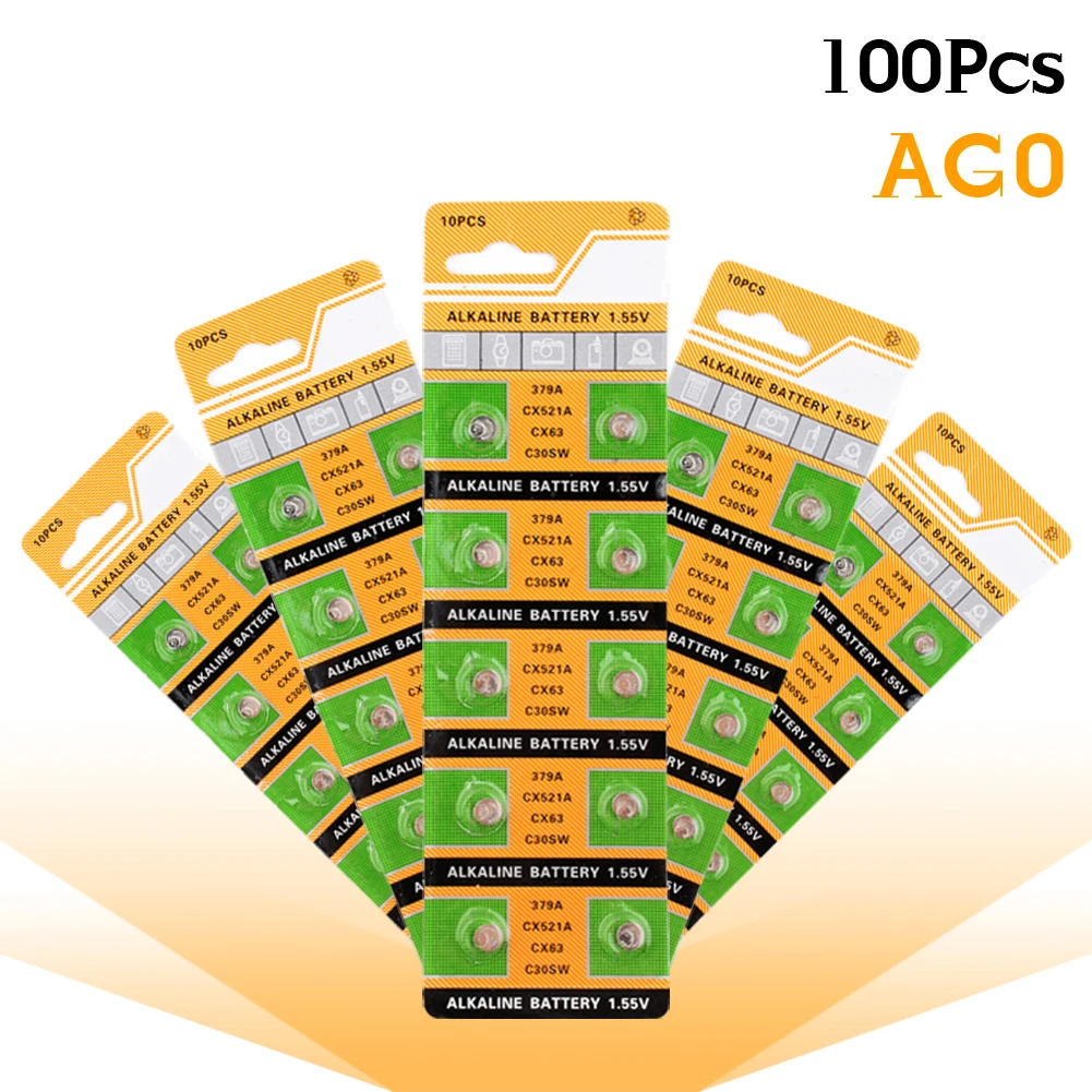 100 шт. кнопки батареи AG0 LR521 щелочные 379A SR521 379 618 SR63 521 SR521SW для часов игрушки