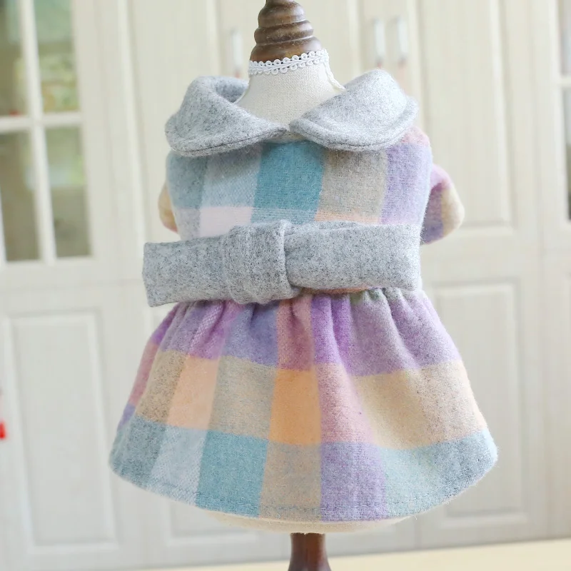 Зимняя одежда для собак платье с кукольным воротником цветная клетчатая юбка