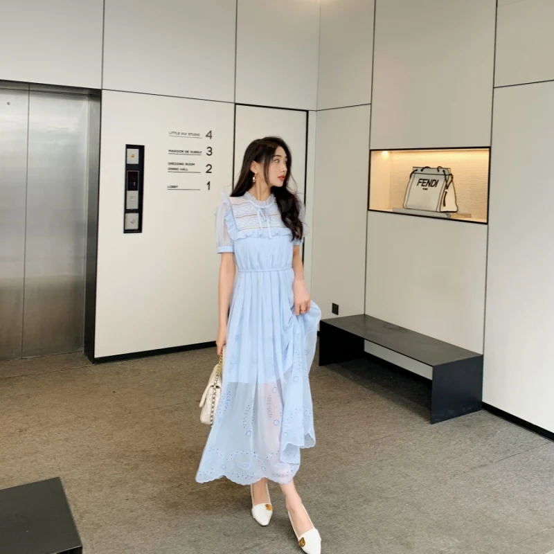 

High Quality Women's Dress 2022 Summer Short Sleeve Elastic Waist Hollow Out Embroidery Tunic Long Lace Chiffon Dress Boho Beach