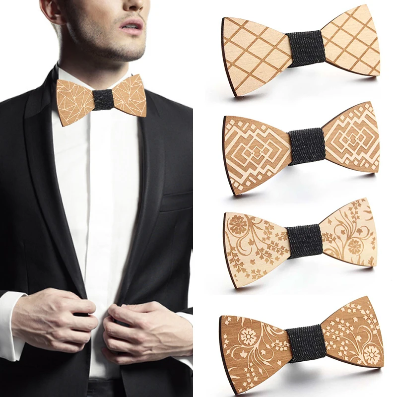 

New Floral Carving Wood Bow Ties For Men Bowtie Butterflies Wedding suit Wooden bowtie Neckwear Shirt Bowknots Slim tie