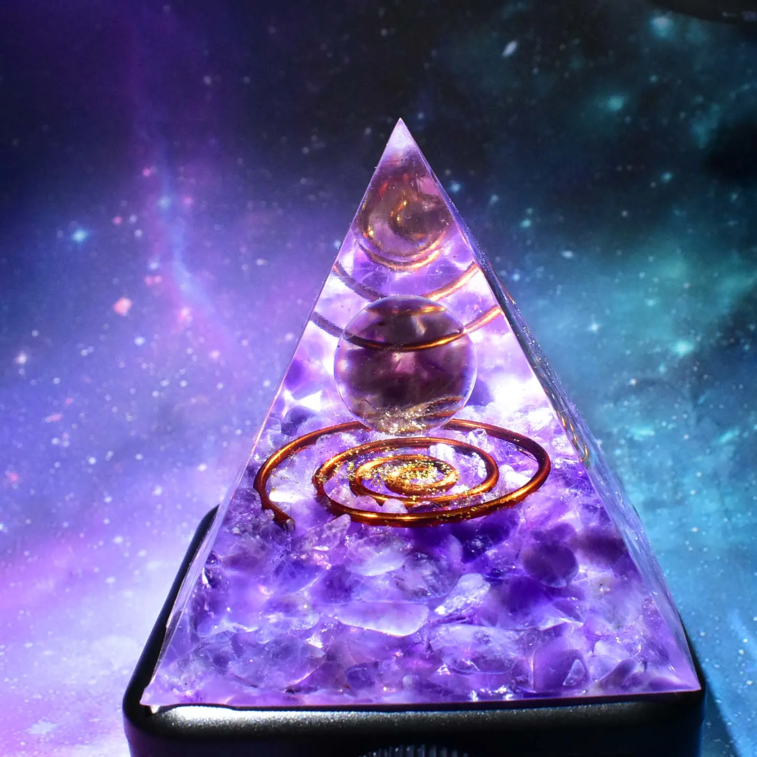 

Handmade Orgonite Pyramid 60mm Smoky Crystal Sphere With Amethyst Reiki Energy Healing Meditation Orgone