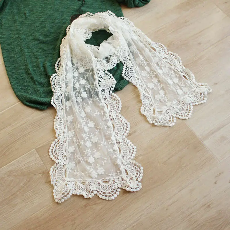

Women Lady Long Scarf Embroidery Floral Crochet Mesh Lace Trim Shawl 185cm 2019 New Fashion