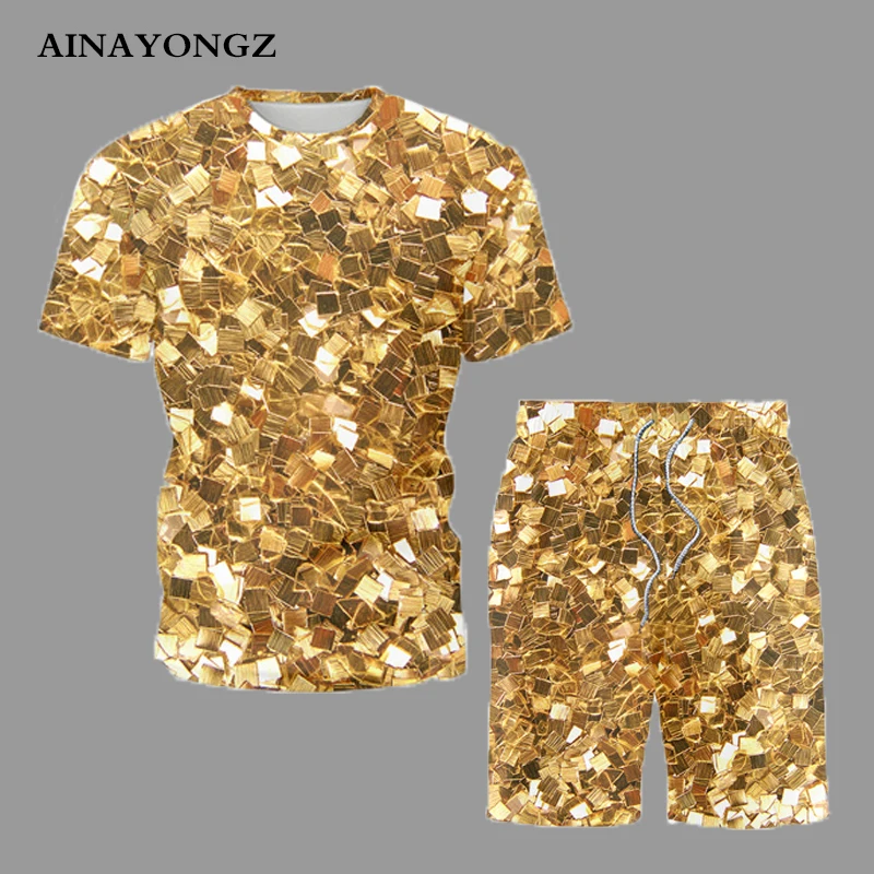 2022 New Trend Men Clothing Summer Short Sets Shiny Gold Digital Printing T Shirt Shorts Suit Beach Casual Attire Male Outfits