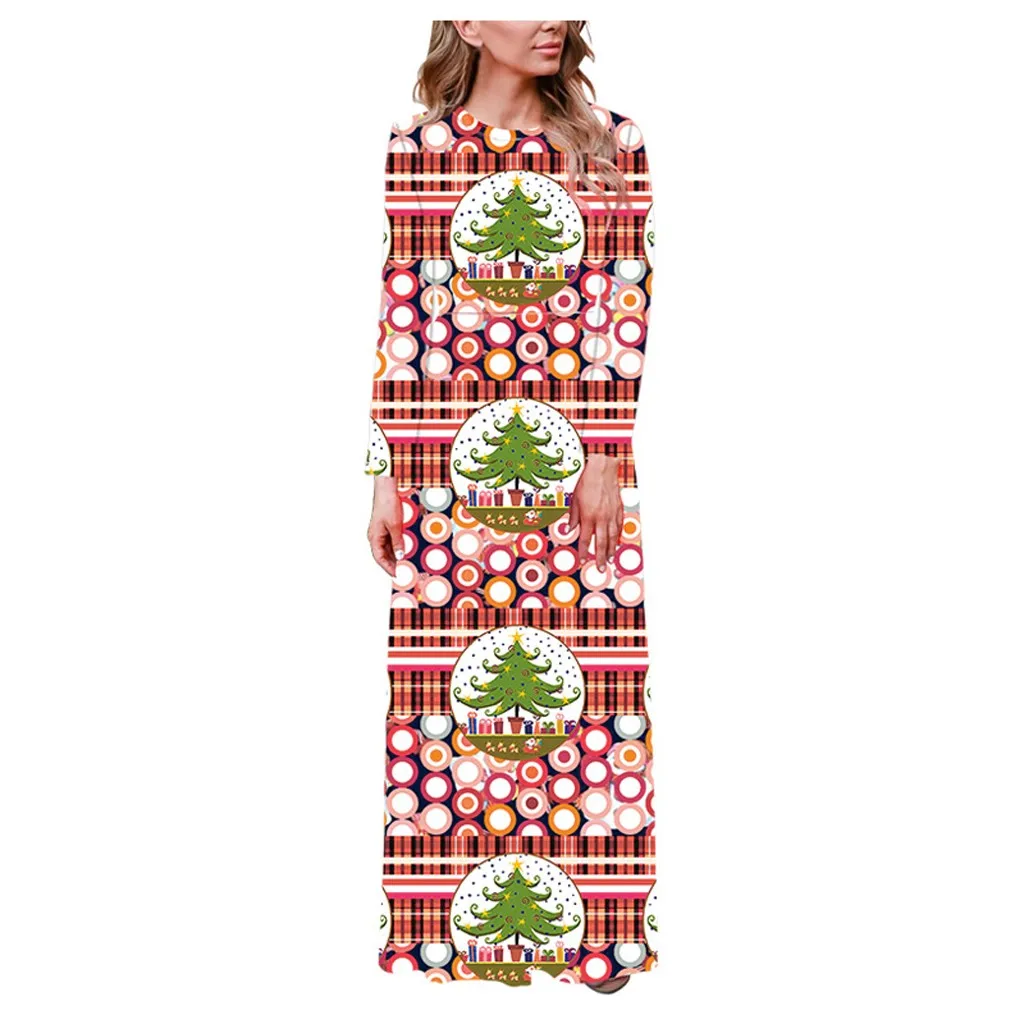 Рождественское женское платье с длинным рукавом и круглым вырезом повседневные