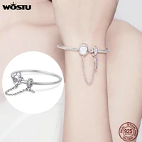 wostu 100 925 sterling silver heart key safety chain bracelets pink zircon charm bangle for women silver 925 jewelry cqb143