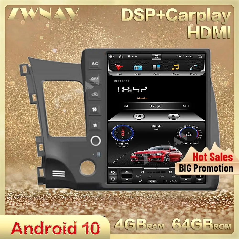 

Tesla Style vertical Screen 4GB+64GB Android 10.0 car multimedia player For Honda civic 2008-2011 car radio stereo GPS head unit