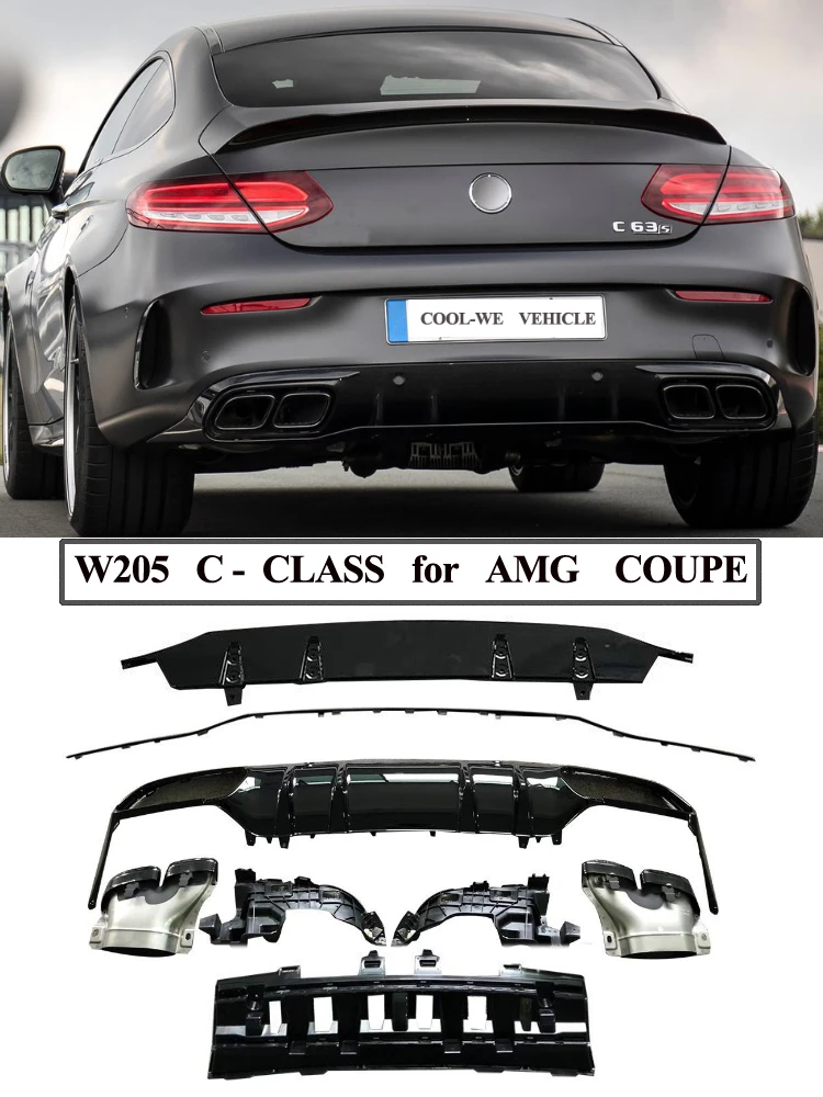 2 двери W205 C205 Coupe C63 Для AMG стиль задний диффузор бампер для губ с выхлопной Mercedes Benz C