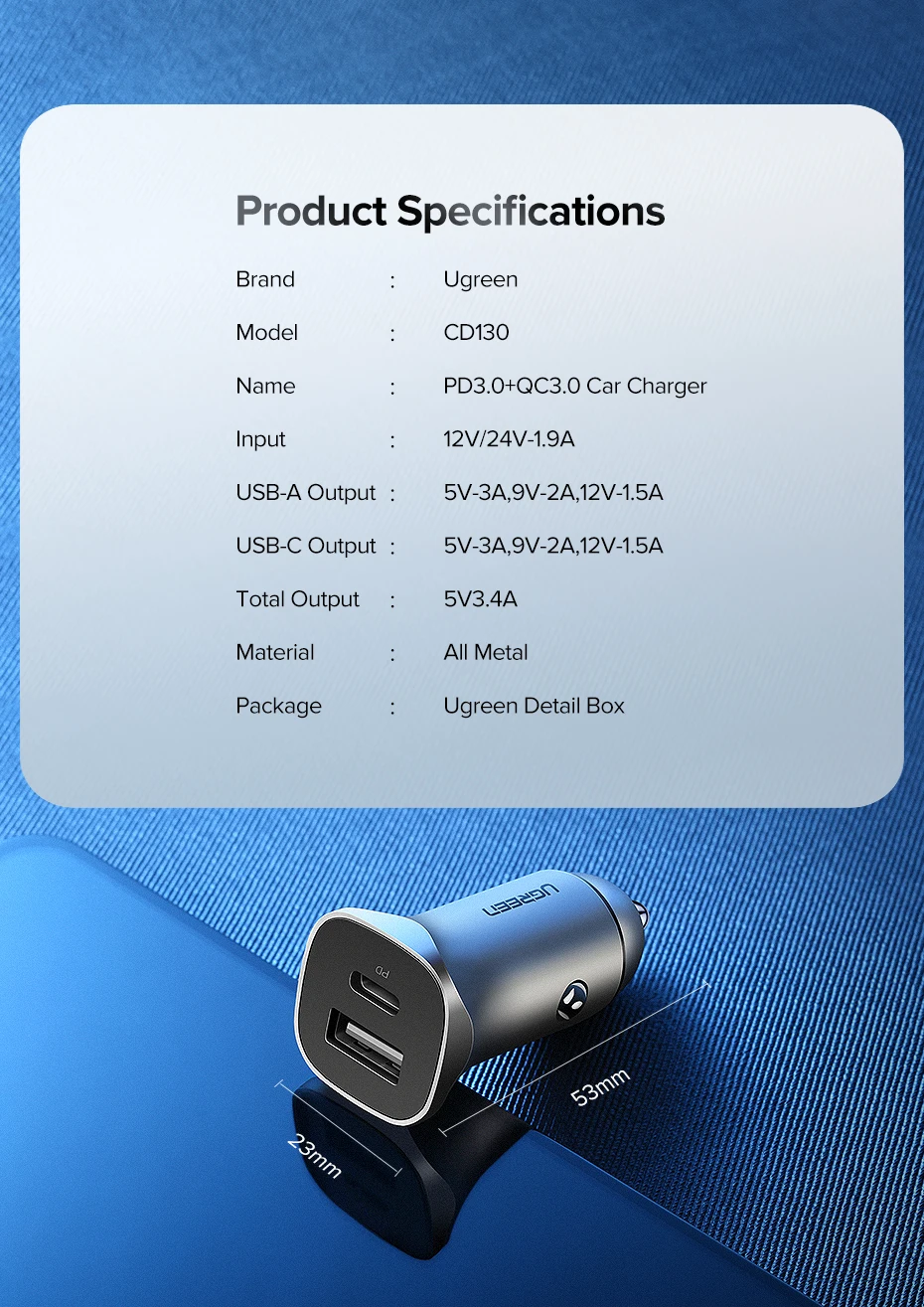 Ugreen Quick Charge 4.0 3.0 QC USB Car Charger for Xiaomi QC4.0 QC3.0 18W Type C PD Car Charging for iPhone 11 X Xs 8 PD Charger