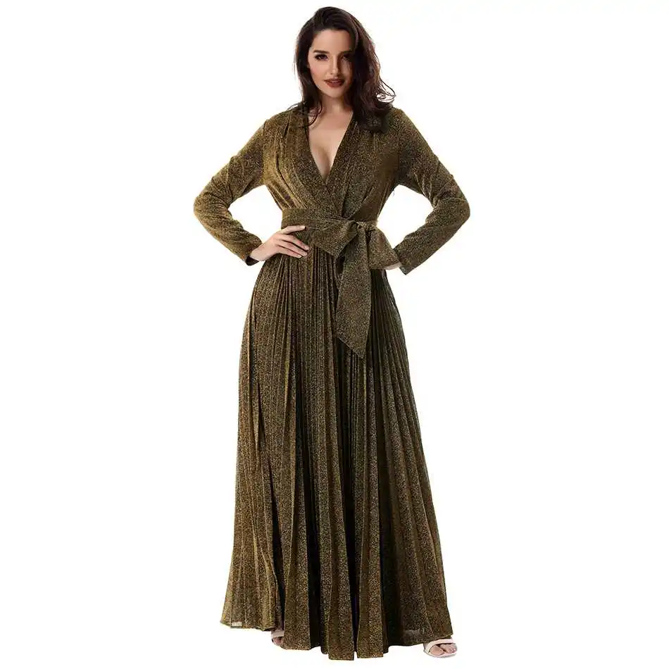 Женское платье Seamyla длинное Сетчатое в пол с длинным рукавом зеленое золотое